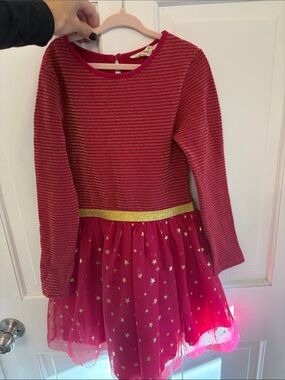 Mini Boden Red Long-Sleeve Star Tulle Dress with Gold Waistband